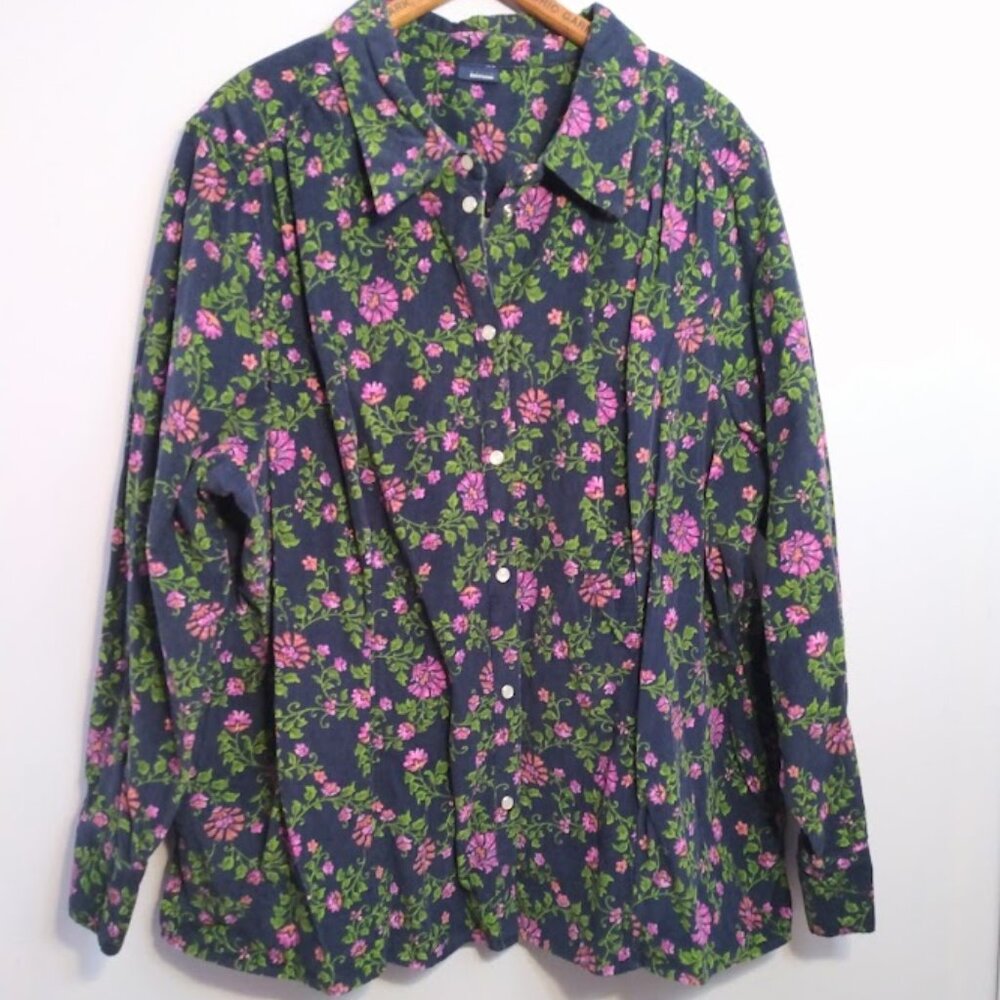 VTG Basic Editions Corduroy Shacket Shirt 2X Pearl Snap Floral Navy Cottagecore